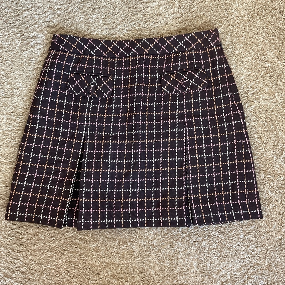 NWT Ann Taylor Loft 100% Wool Tweed Mini Skirt 8P Petite Brown Pink Check - Picture 2 of 6